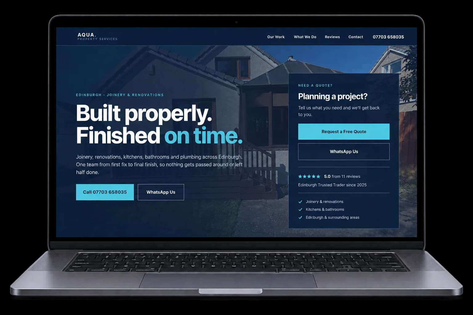 Aqua Property Services website displayed on a laptop