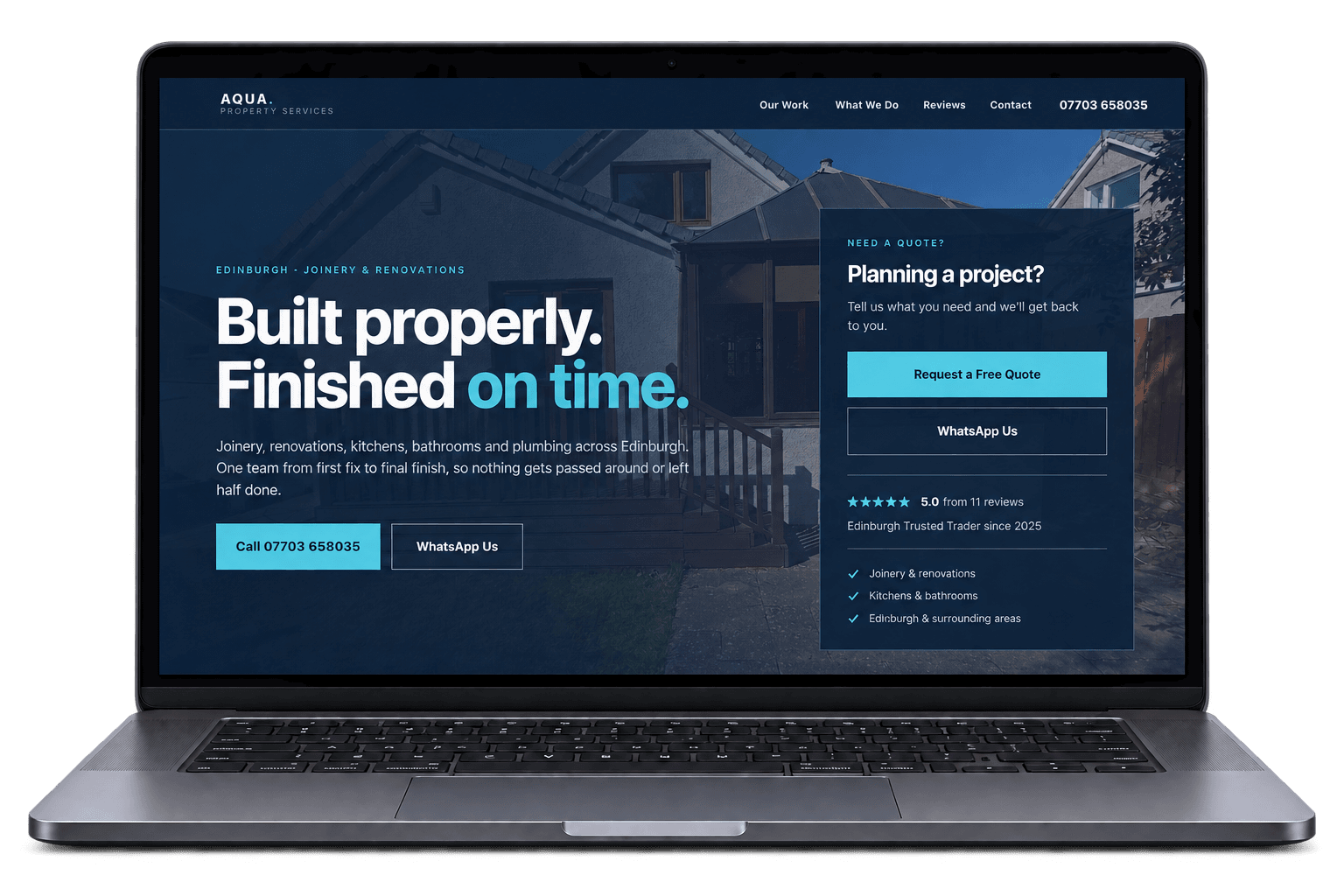 Aqua Property Services website displayed on a laptop
