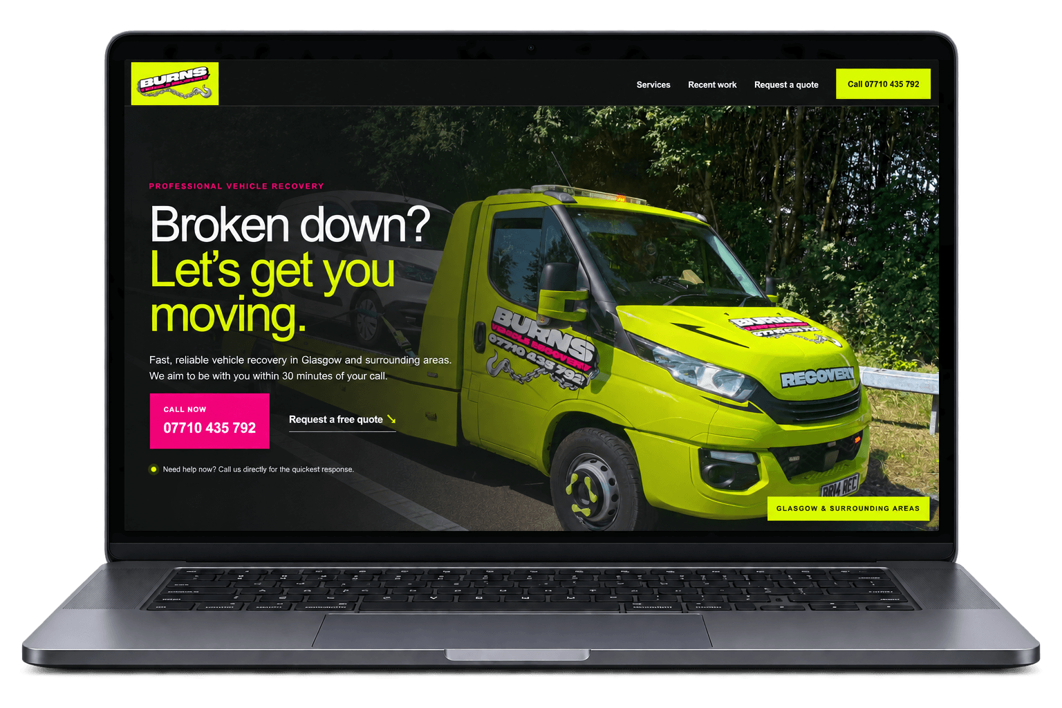 Burns Vehicle Recovery website displayed on a laptop