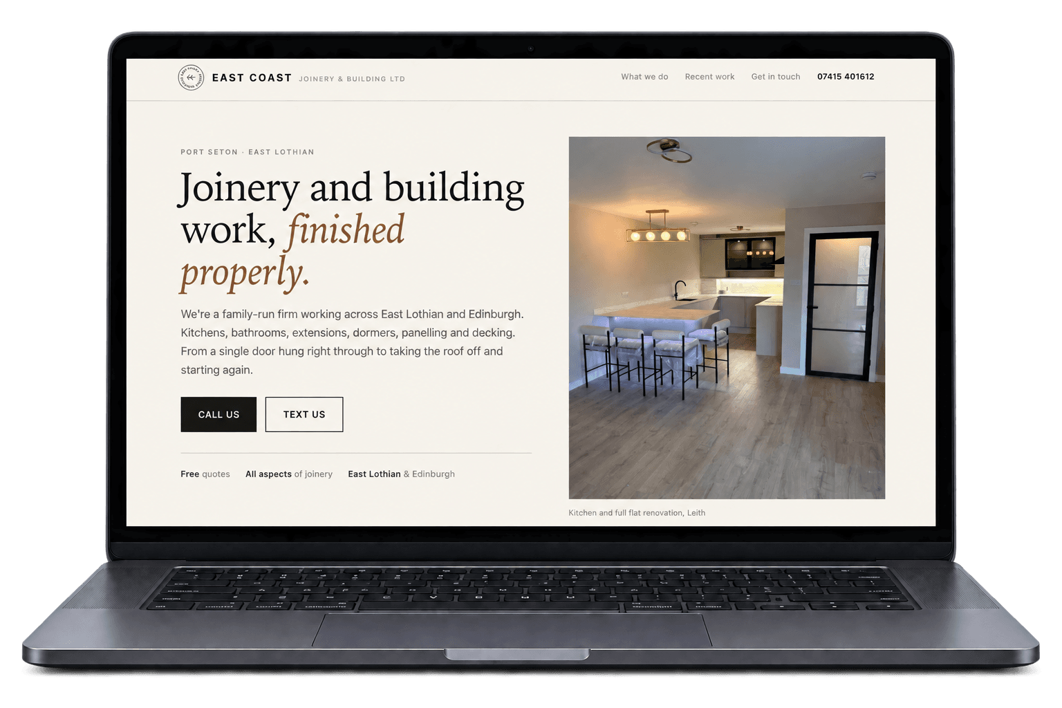 East Coast Joinery website displayed on a laptop
