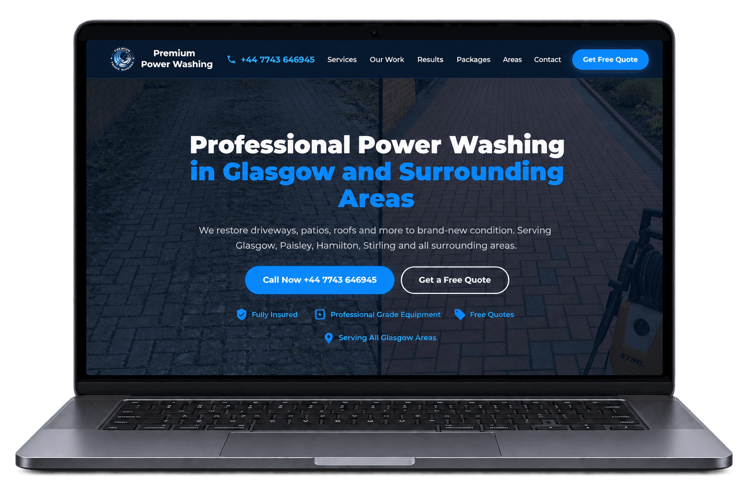 Premium Power Washing website displayed on a laptop
