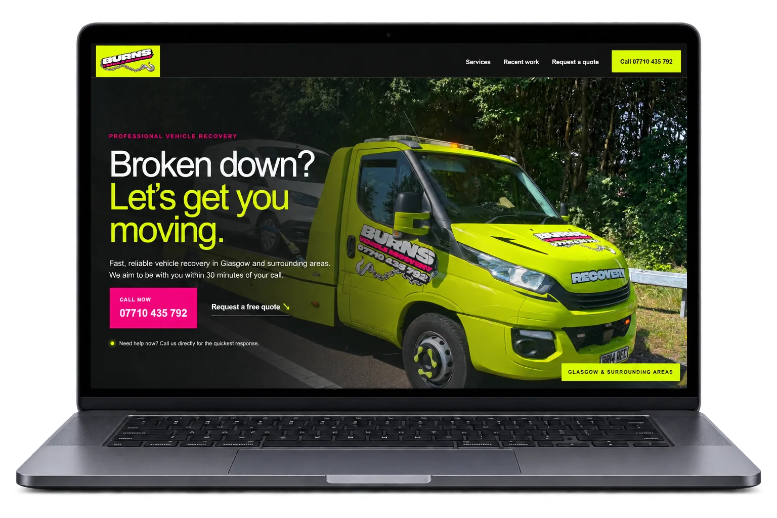 Burns Vehicle Recovery website displayed in a professional laptop mockup