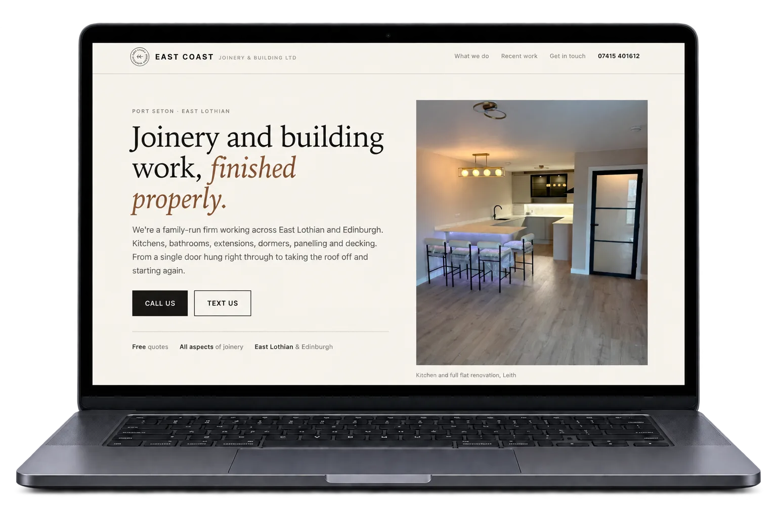 East Coast Joinery website displayed in a professional laptop mockup