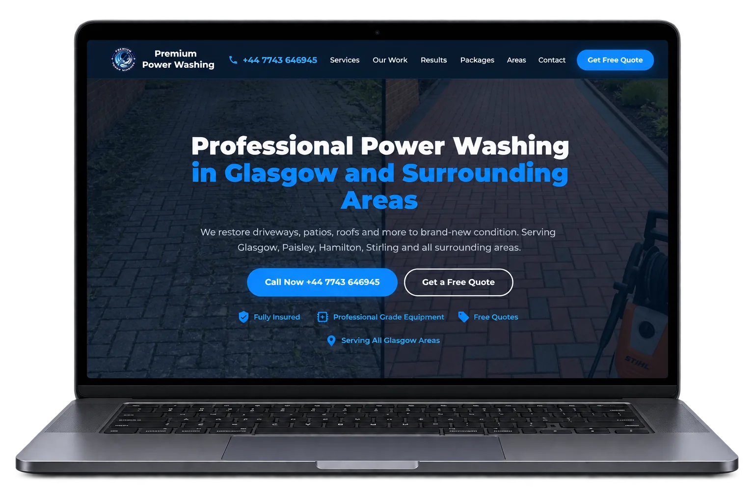 Premium Power Washing website displayed in a professional laptop mockup